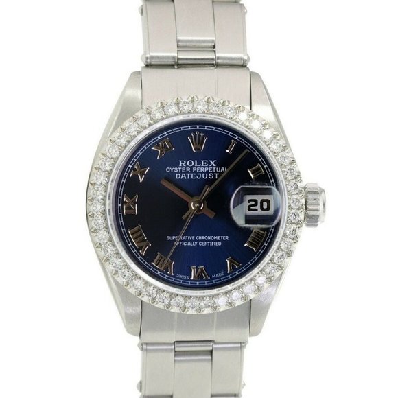 ROLEX DATEJUST BLUE ROMAN DIAL DIAMOND OYSTER STAINLESS STEEL WATCH 26 MM 69174 - Picture 1 of 6